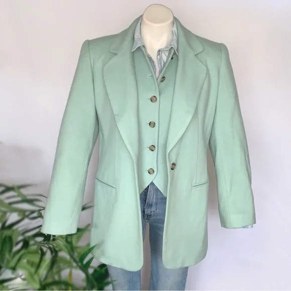 v i n t a g e :: Seafoam Wool Cashmere Longline Blazer Vest Set Bloomingdale’s - Picture 4 of 16